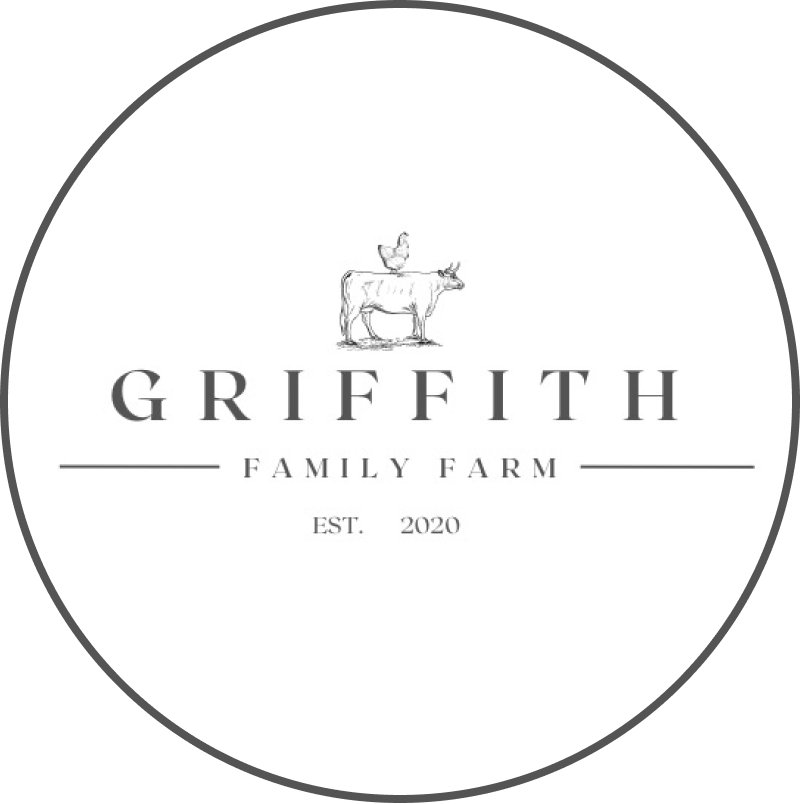 Logo of Griffith Family Farm featuring a cow and a chicken, established in 2020. The design emphasizes a rustic and family-oriented farming brand.